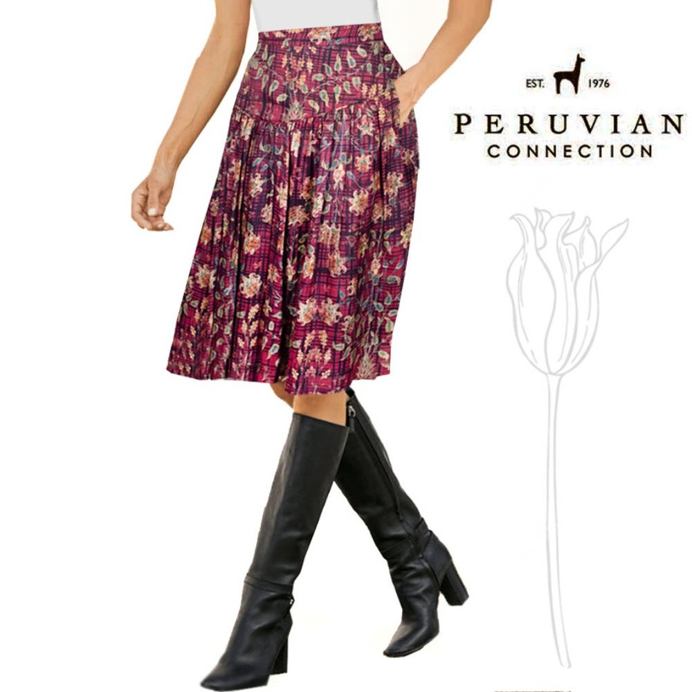PERUVIAN CONNECTION Fall Leave Pattern Silk Blend Pleated Skirt